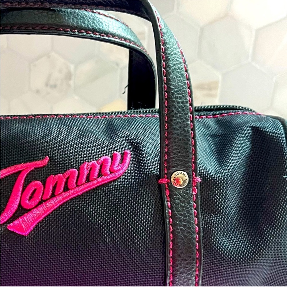 VINTAGE TOMMY HILFIGER MINI DUFFLE Canvas & Leather BAG PURSE 9x3.5x4.5”w/ext.8” - Picture 3 of 16